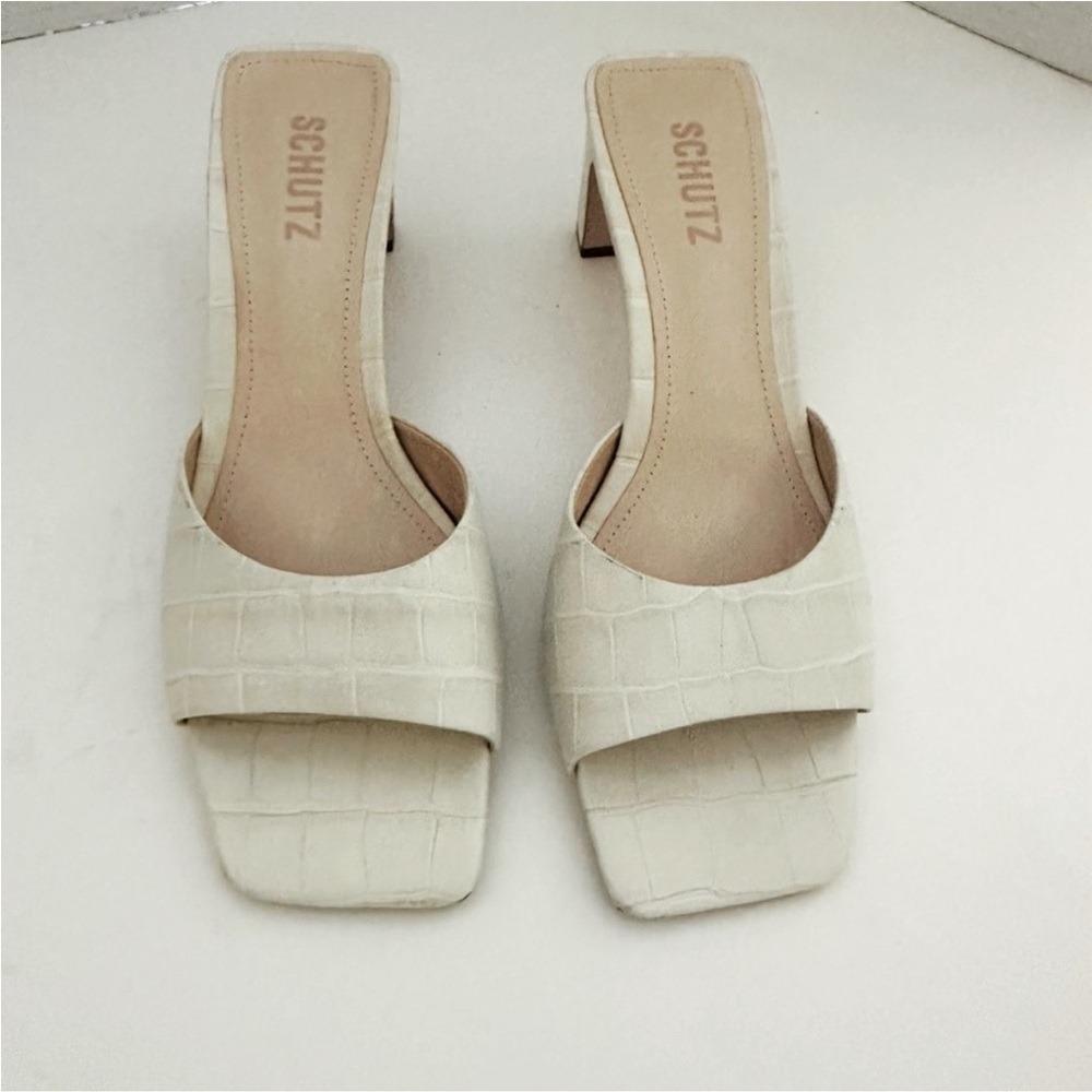 Schutz The Queliana Croc Embossed Mule Block Heel Slip-On Sandal,White, Size 8.5